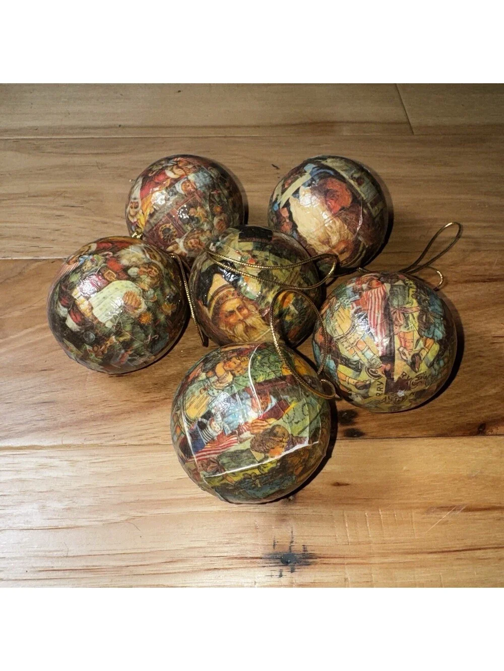 6 Vintage Decoupage Christmas Ornaments Lot Santa Victorian Style 2.5”Balls